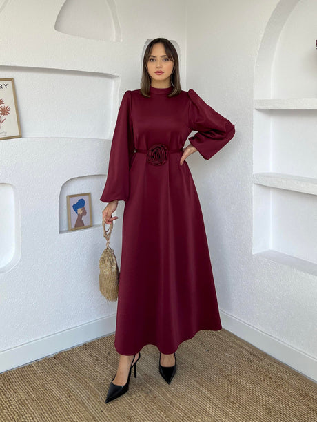 Balloon Sleeve Rose Belt Scuba Dress Burgundy