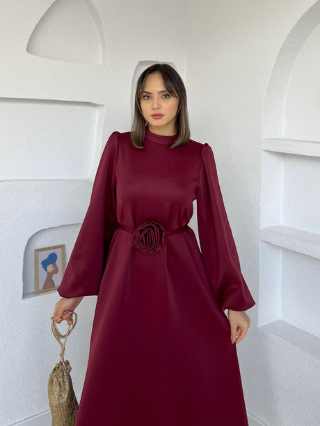 Balloon Sleeve Rose Belt Scuba Dress Burgundy