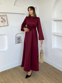 Balloon Sleeve Rose Belt Scuba Dress Burgundy