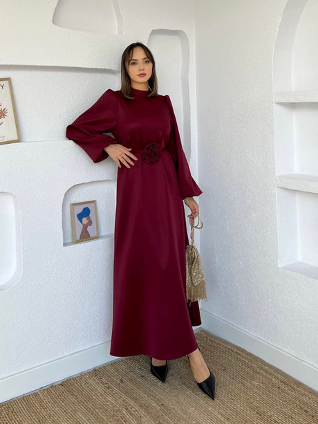 Balloon Sleeve Rose Belt Scuba Dress Burgundy