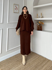 Magenta Tricot Skirted Suit Brown