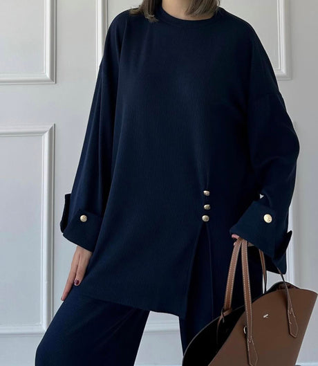 Aesthetic Buttoned Sweater Suit Navy Blue