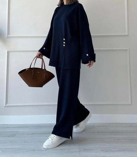 Aesthetic Buttoned Sweater Suit Navy Blue