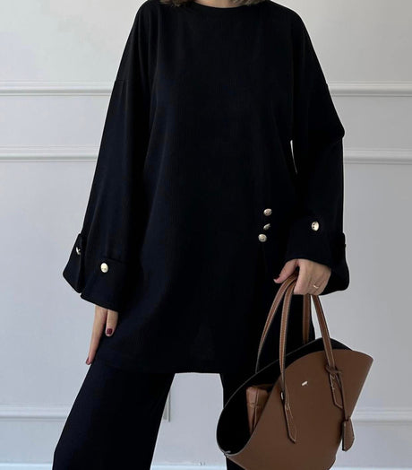 Aesthetic Buttoned Sweater Suit Black