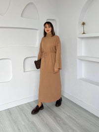 Flared Belted Dress Beige