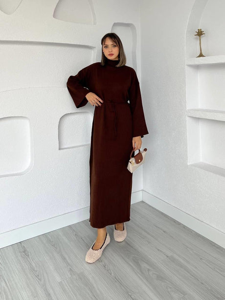 Flared Fitted Belted Dress Brown