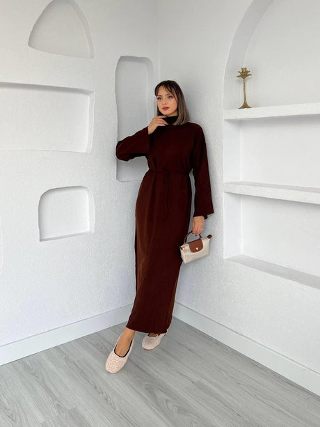 Flared Fitted Belted Dress Brown