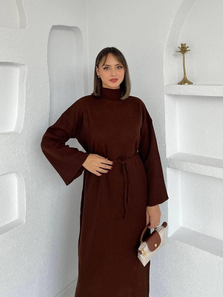 Flared Fitted Belted Dress Brown