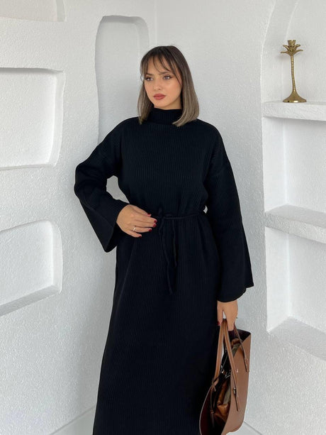 Flared Fitted Belted Dress Black